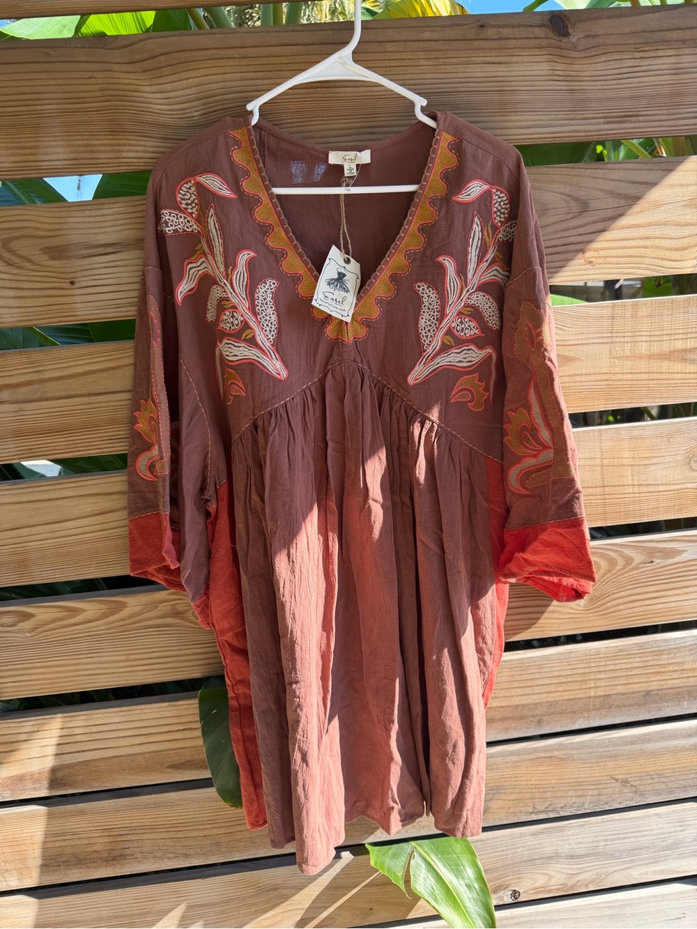 easel Embroidered V-Neck Rust Brown Boho Dress